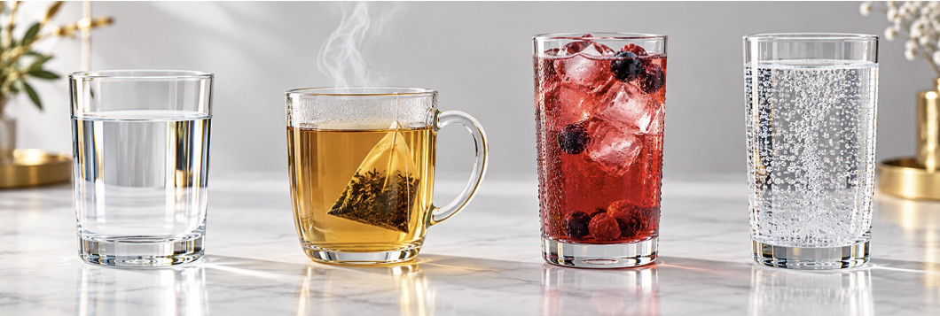Un verre d’eau, un thé chaud, une boisson aux fruits avec glaçons et une eau gazeuse